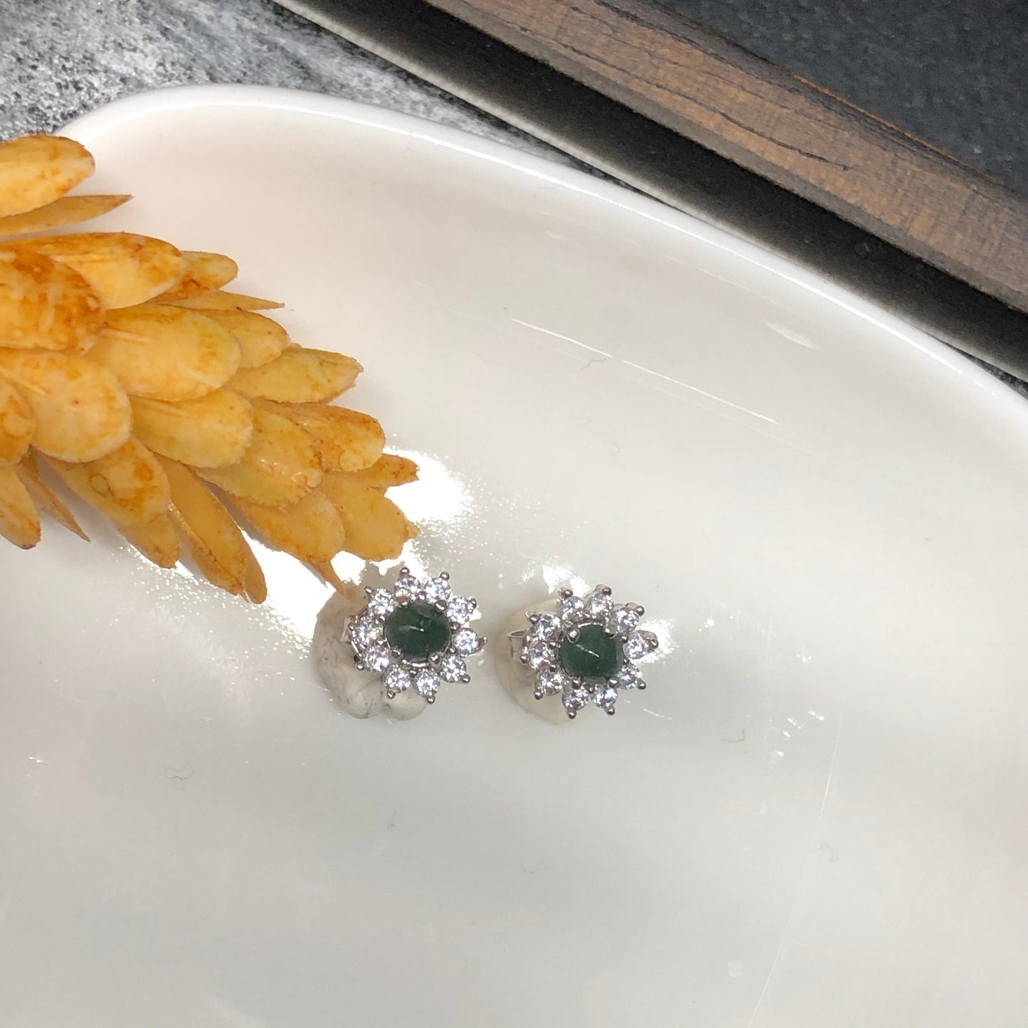 Myanmar Grade A Jadeite Jade Mini Cabochon Earring 925 Sterling Silver Flower Shaped with Diamonds