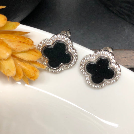 Certified Myanmar Grade A Black Jadeite Jade Four Leaf Stud Earring 925 Sterling Silver Diamonds