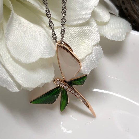 Certified Grade A  Hetian Jade Dragonfly white Jadeite Pendant set on 18 K yellow gold