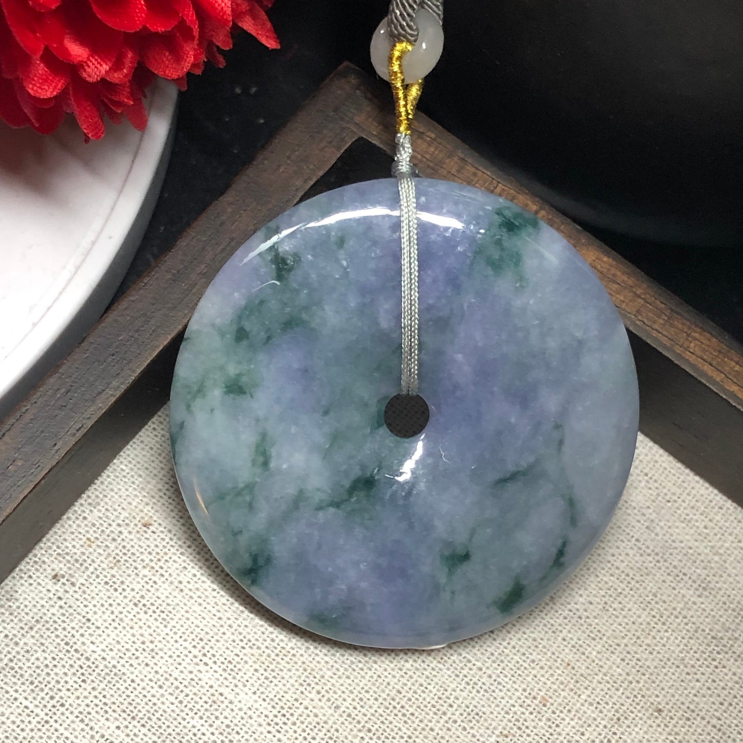 56.8mm Certified Myanmar Grade A  RARE Super Big Lavender Float Green Flowers Jadeite Jade Peace Donut Pendant Keychain Medallion
