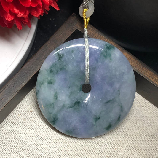 56.8mm Certified Myanmar Grade A  RARE Super Big Lavender Float Green Flowers Jadeite Jade Peace Donut Pendant Keychain Medallion