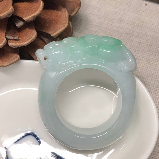 Certified Grade A Jadeite Jade Yang Green Carved Pixiu Ring 21mm