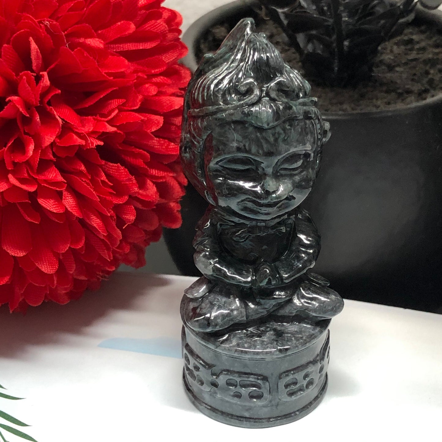 Certified Myanmar Grade A  RARE Carved Wuji Black Grey Praying Monkey King Jadeite Jade Display