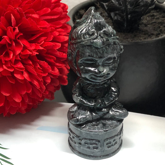 Certified Myanmar Grade A  RARE Carved Wuji Black Grey Praying Monkey King Jadeite Jade Display