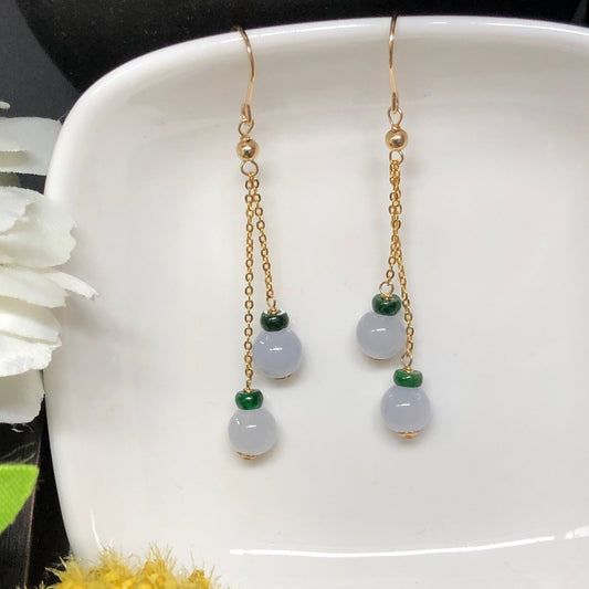6.8mm Grade A  Light Lavender Jadeite Jade Dangle spherical ball shaped earrings set on 14K yellow Gold