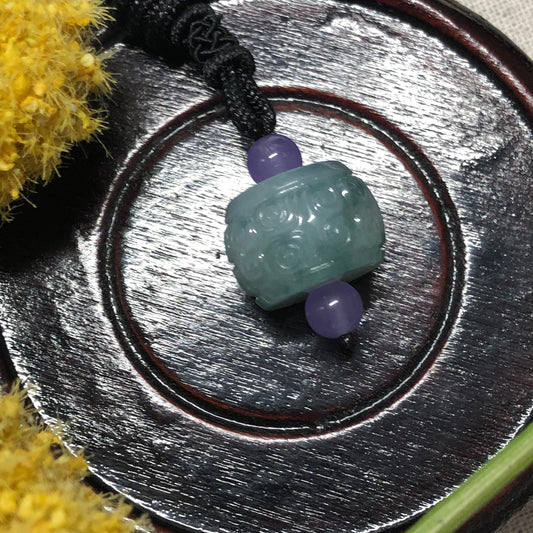 17.9mm Grade A Big Asian Carved Barrel Floating Flowers Green Barrow Jadeite Jade Pendant with Leather Neck Rope