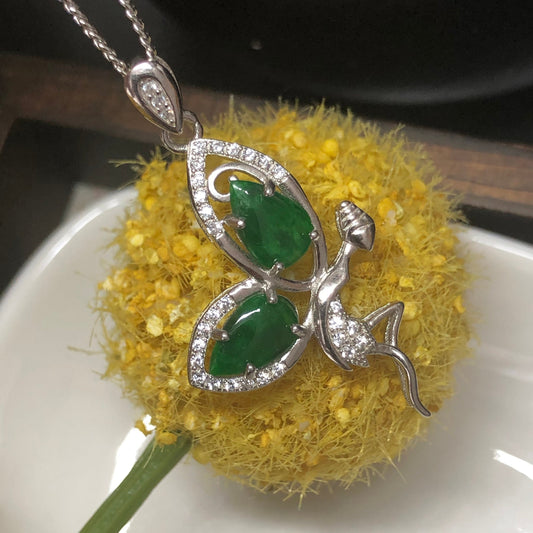 Myanmar Grade A Jadeite Jade Fairy Wing Pendant 925 sterling silver Necklace