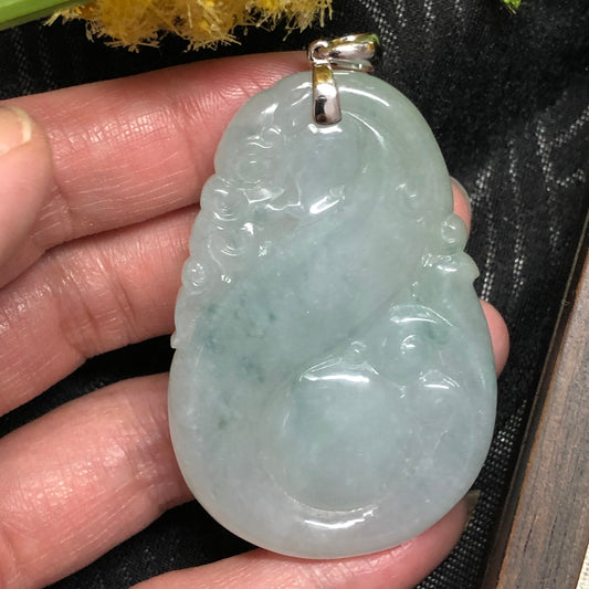 SALE: Grade A Big Ruyi Dragon Carved Flowers Jadeite Jade Pendant with 18K white gold buckle