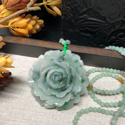 Grade A Myanmar Translucent Carved Moss Flower Jadeite Jade Pendant with Jade Necklace