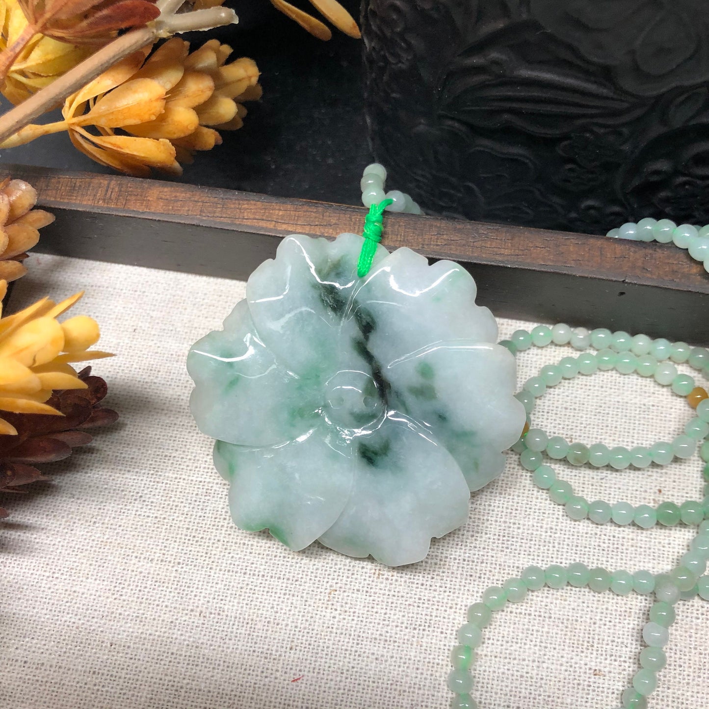 Grade A Myanmar Translucent Carved Moss Flower Jadeite Jade Pendant with Jade Necklace