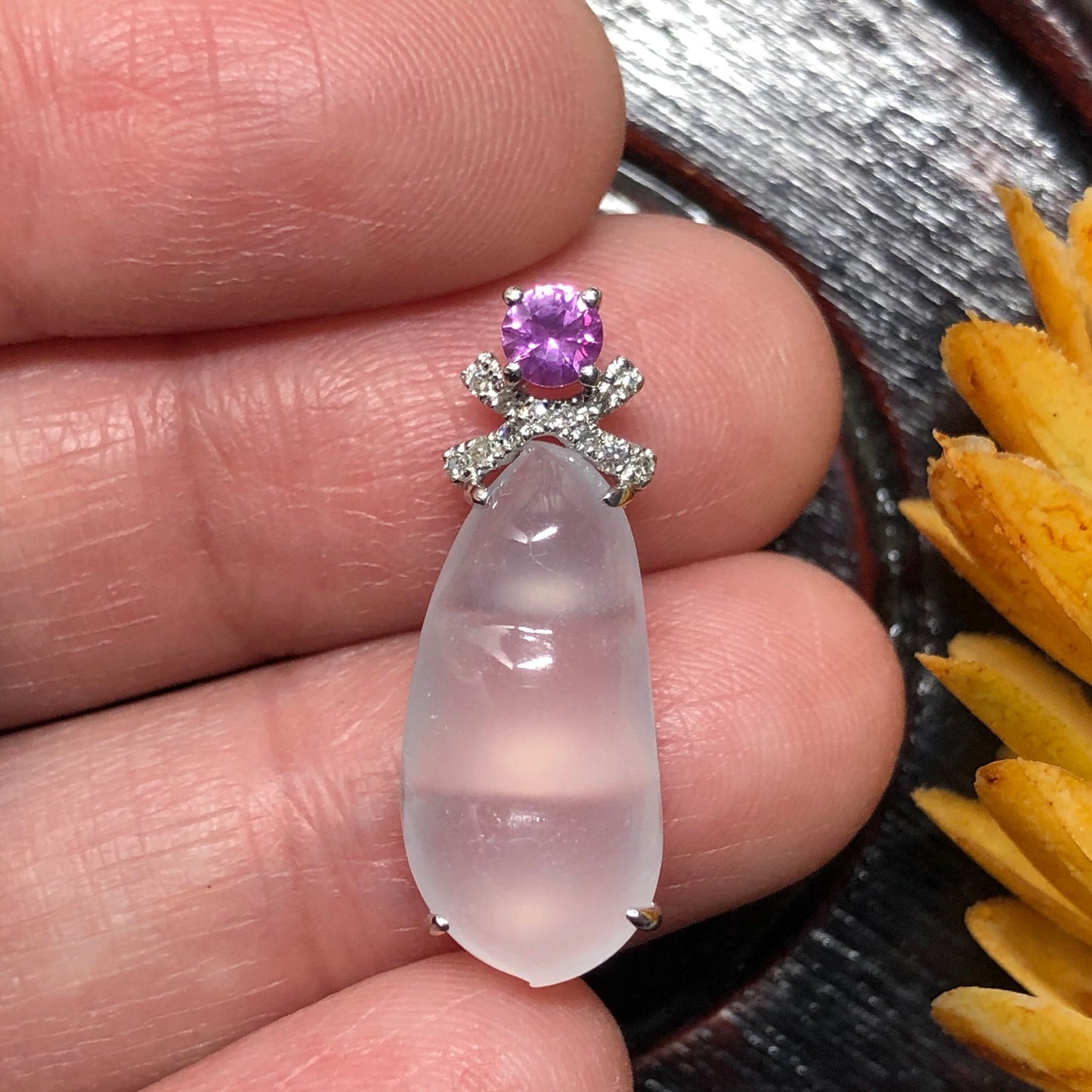 Grade A High Icy Jadeite Jade Shiny Bean Pendant set on 18K White Gold