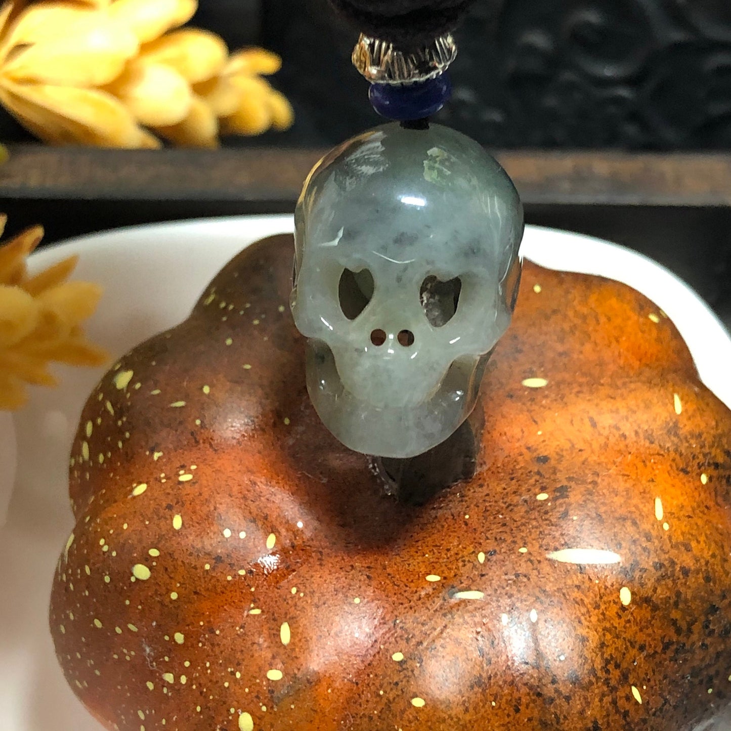 Grade A Myanmar Translucent Carved Skeletal Head Jadeite Jade Pendant with Tie Rope Skeleton Halloween