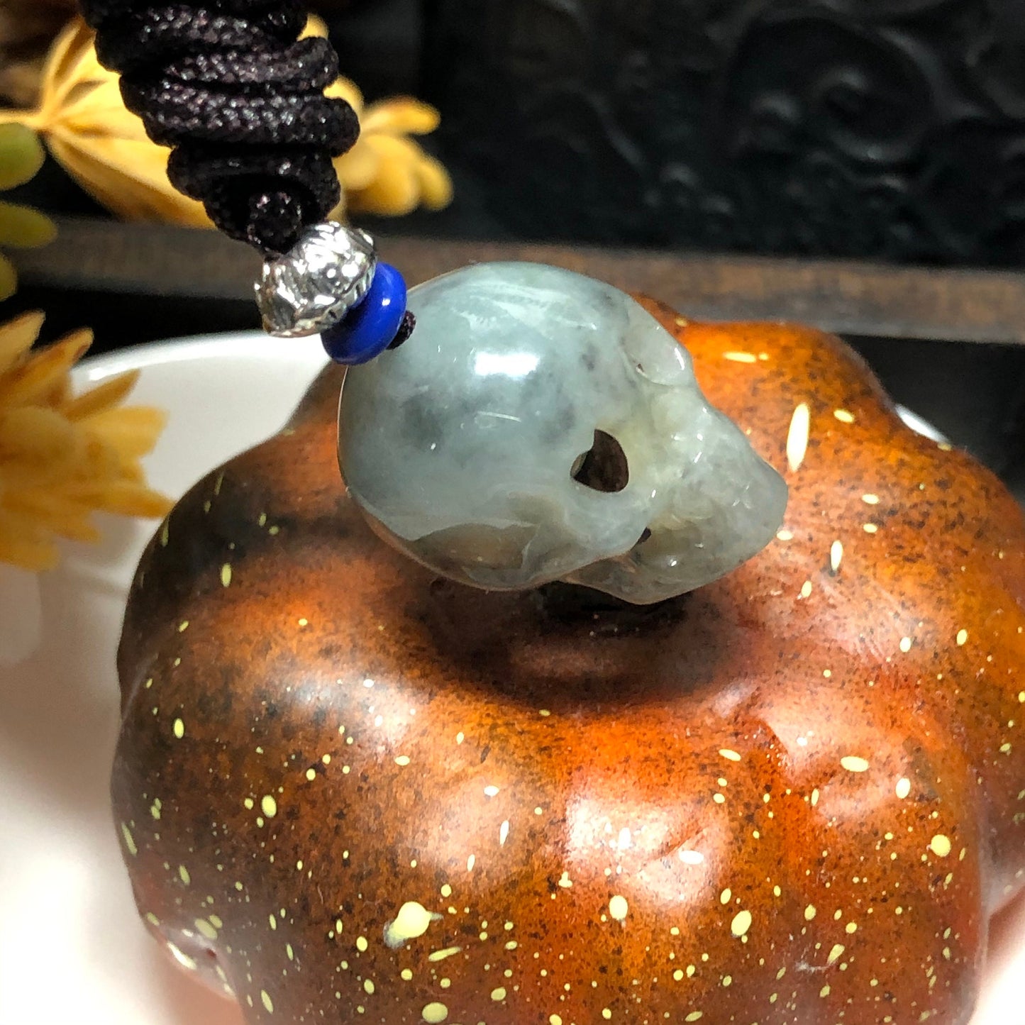 Grade A Myanmar Translucent Carved Skeletal Head Jadeite Jade Pendant with Tie Rope Skeleton Halloween