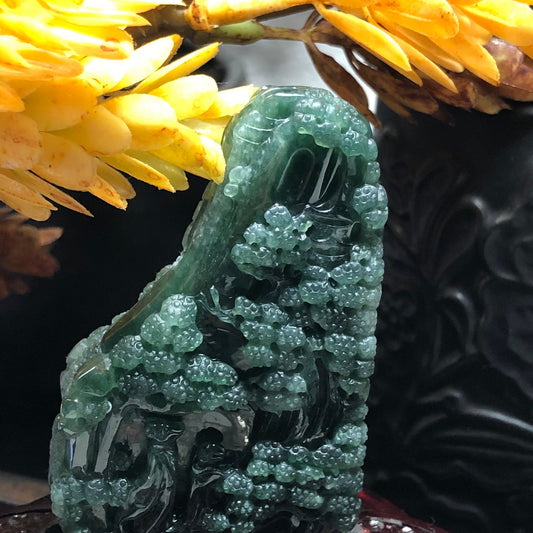 74mm blue water green Carved mountain hill Jadeite Jade display RARE