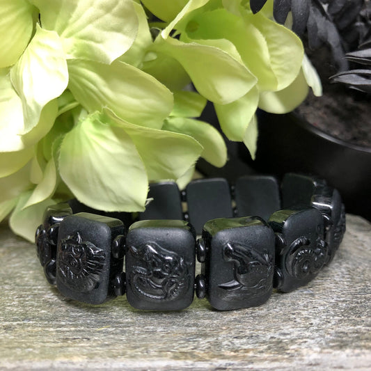 Certified Grade A Myanmar Omphacite 12 Zodiac Carved Black Jadeite Jade Bracelet 1.4mm x 12