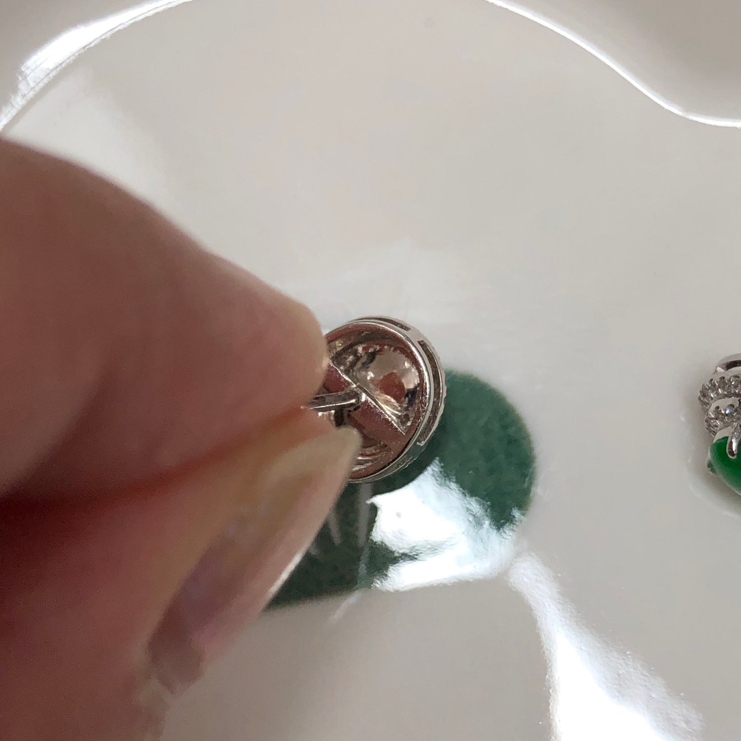 18K Grade A  Icy Yang Green Jadeite Jade Oval Cabochon shaped earrings set on 18K white Gold