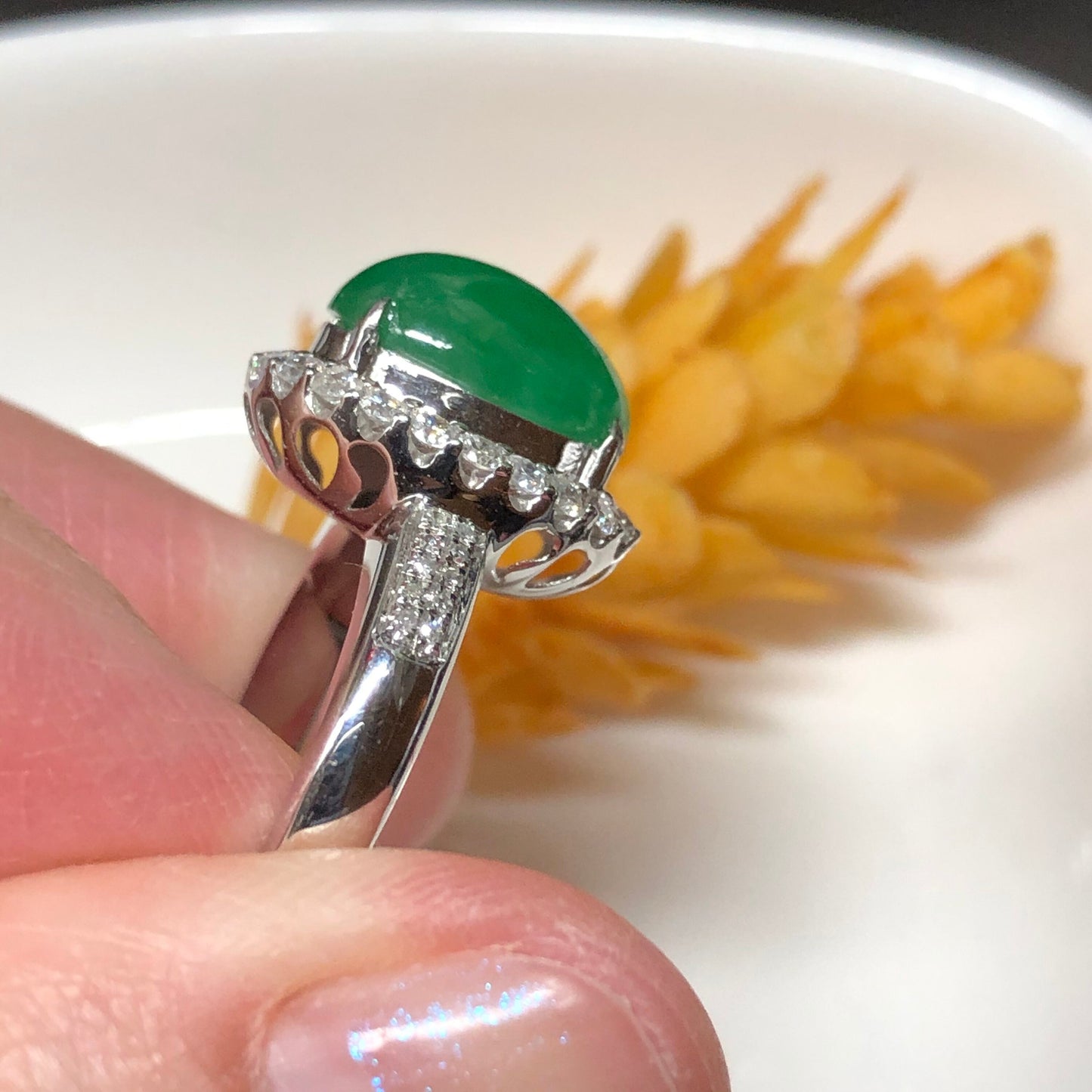 Certified Myanmar Grade A Jadeite Jade Green Janie Oval Cabochon Ring 18K White Gold 11.9mm