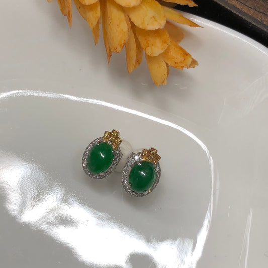 Certified Myanmar Grade A Jadeite Jade Yang Green Oval Cabochon Stud Earring 18K White Gold Diamonds