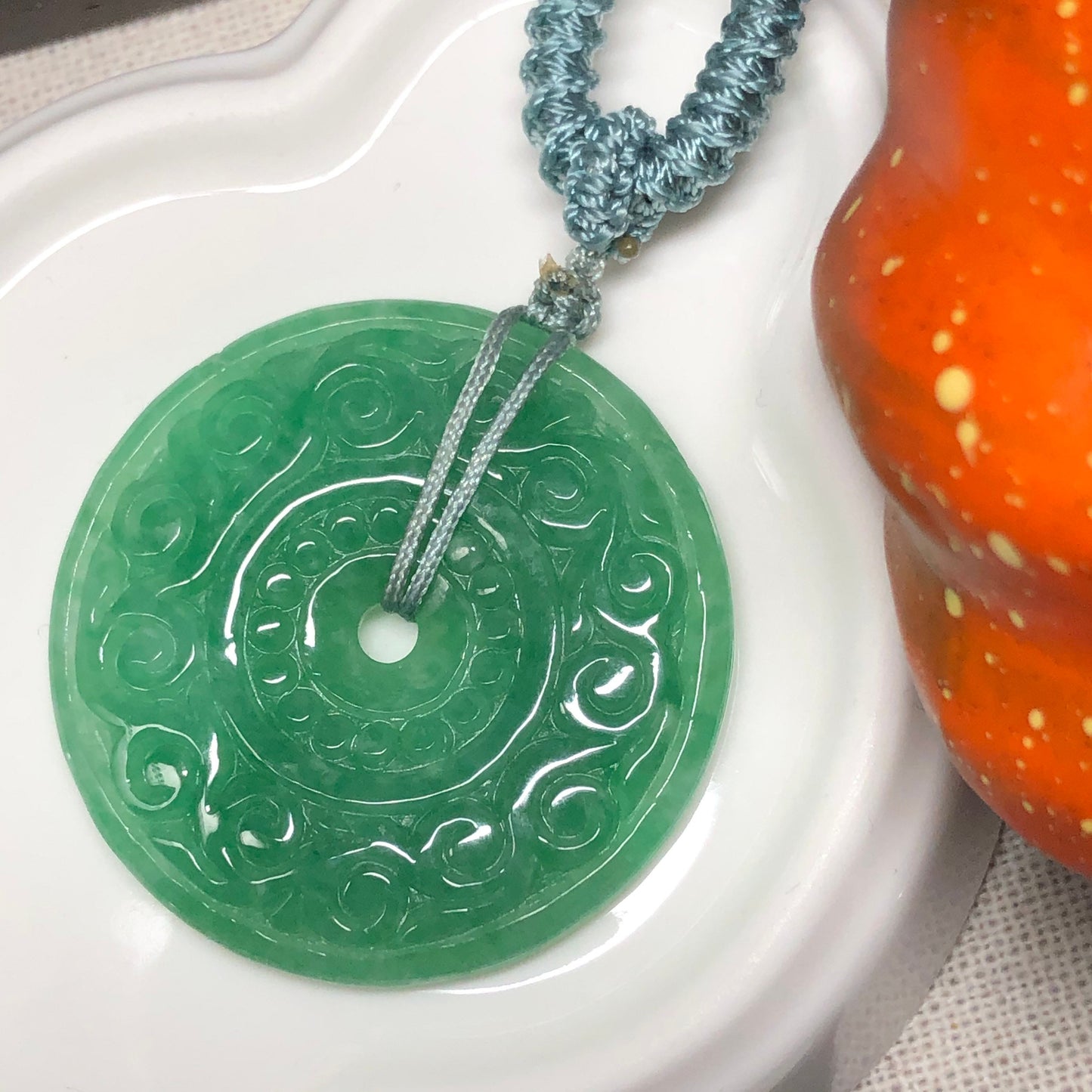 34.6mm Grade A Green Carved peace donut Jadeite Jade Pendant RARE