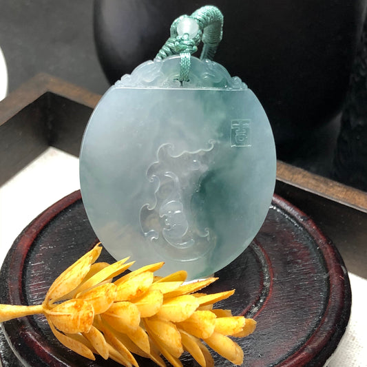 50.6mm Grade A Green Carved Dragon Bat Jadeite Jade Pendant RARE