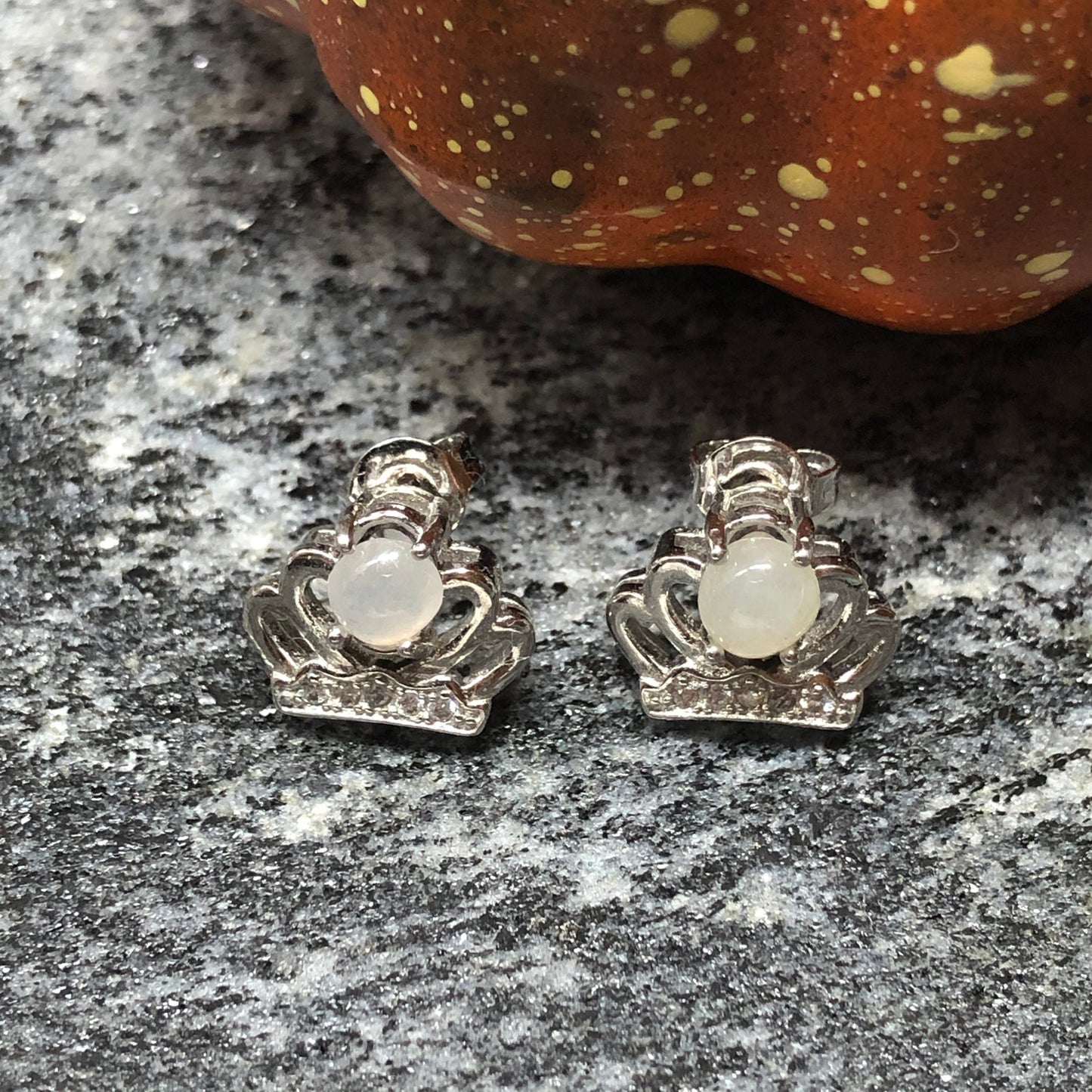 SALE: Grade A Jadeite Jade Mini Cabochon Earring 925 Sterling Silver Princess Crown Shaped