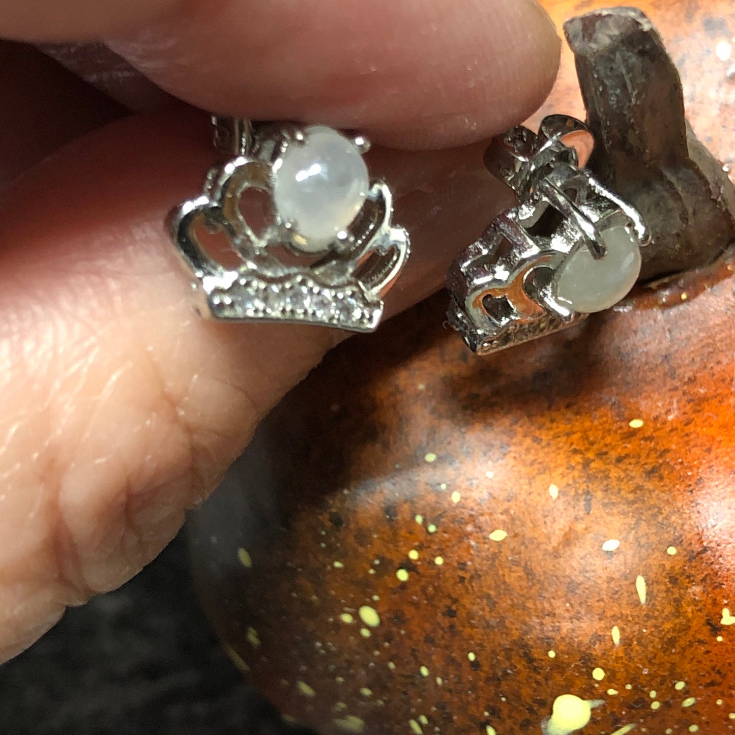 SALE: Grade A Jadeite Jade Mini Cabochon Earring 925 Sterling Silver Princess Crown Shaped