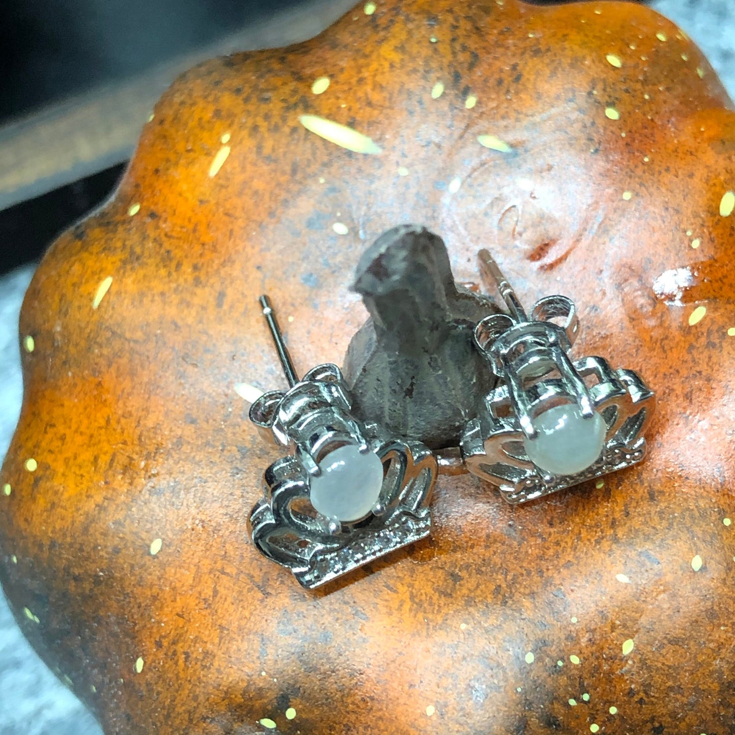 SALE: Grade A Jadeite Jade Mini Cabochon Earring 925 Sterling Silver Princess Crown Shaped