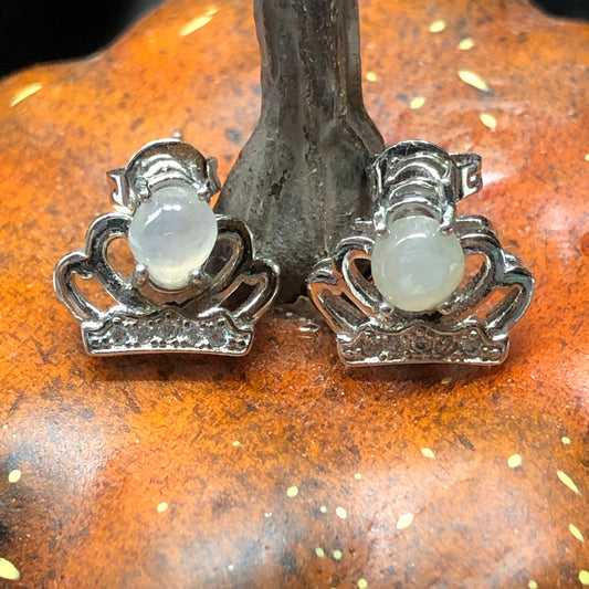 SALE: Grade A Jadeite Jade Mini Cabochon Earring 925 Sterling Silver Princess Crown Shaped