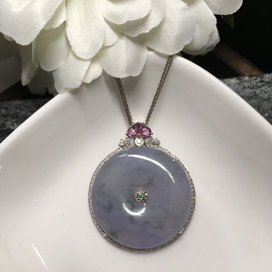 Certified Grade A  Light Lavender With FLOATING Flowers Jade Jadeite Peace DONUT Pendant Set ON 18K White GOld