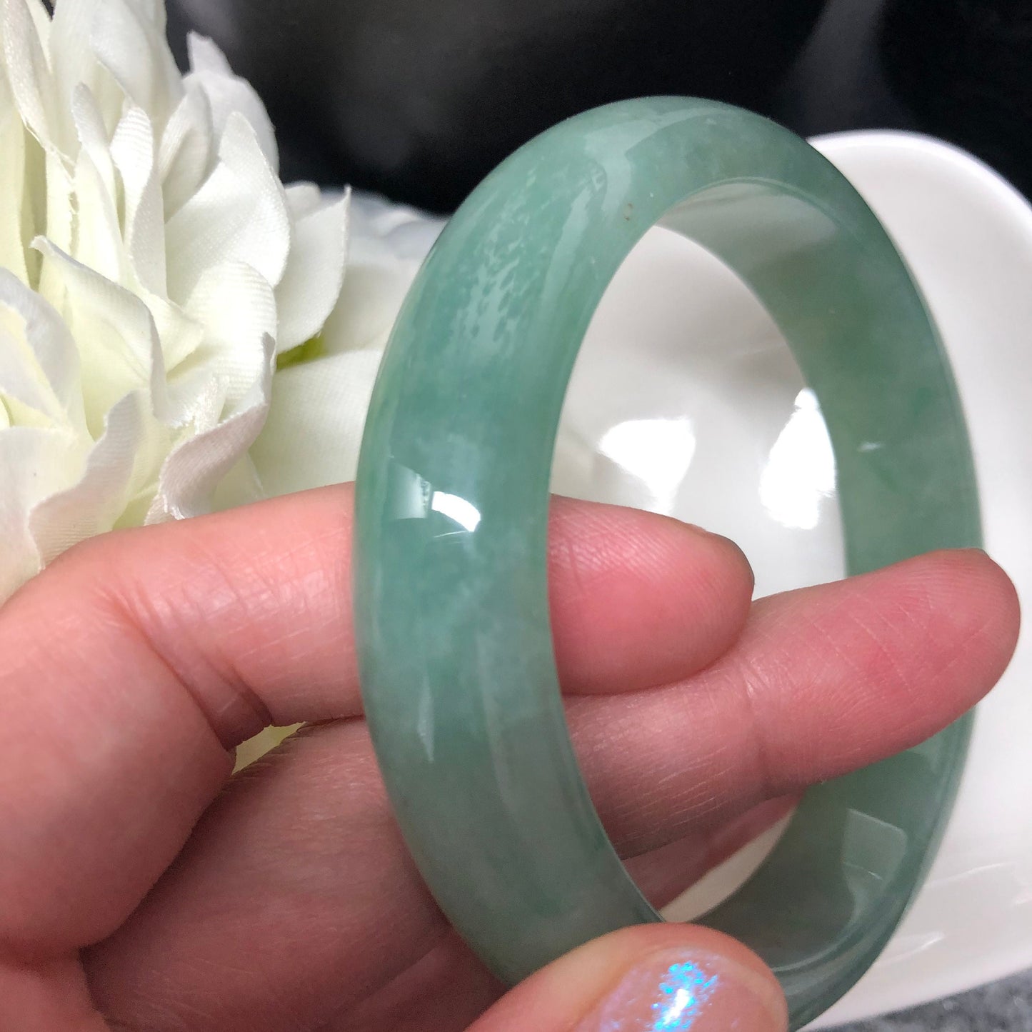Reserved. 57mm Grade A Icy Green Round D-Shaped Jadeite Jade Bangle Translucent