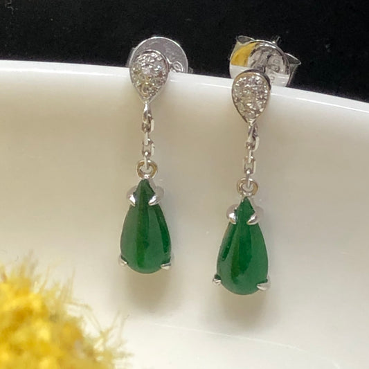 Dainty Cute Grade A  Imperial Green Jadeite Jade Dangle drop shaped earrings set on 18K white Gold