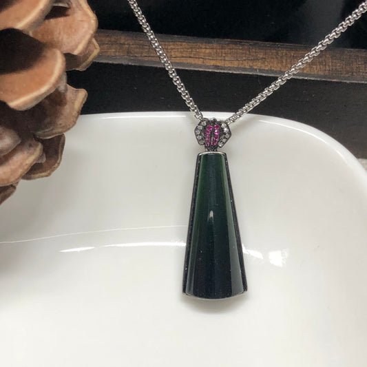 Grade A High Icy Black Omphacite Jadeite Jade Pendant set on 18K Black Gold