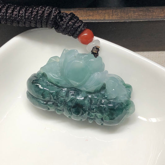 SALE: 42.4mm Grade A Icy Green Carved Lotus Flower Frog Jadeite Jade Pendant