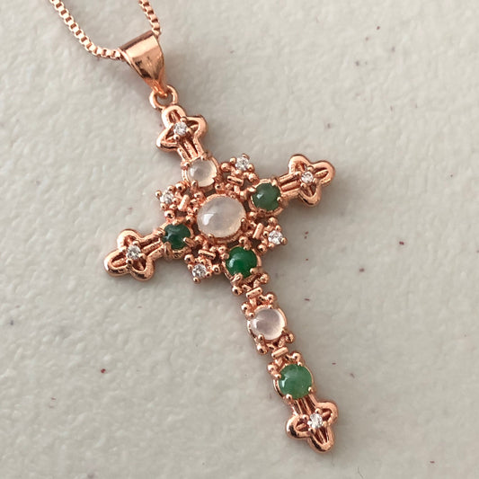 Myanmar Grade A Jadeite Jade Vintage Gothic Green Cross Pendant 925 Rose Gold Necklace
