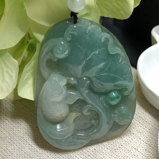 56.2mm Grade A  Green Jadeite Jade Lotus Flower Fish Pendant