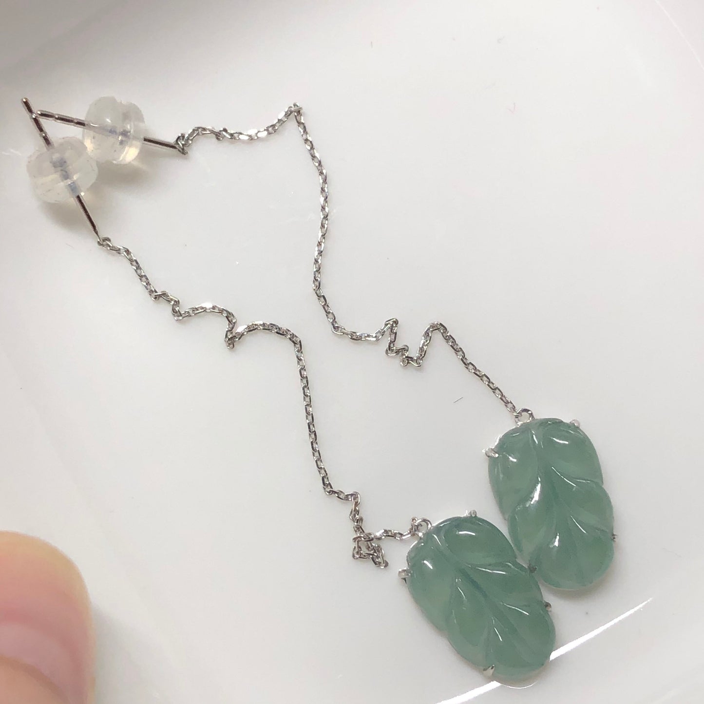 SALE: Grade A  Icy Sky Blue Jadeite Jade Dangle Leaf string earrings set on 18K white Gold