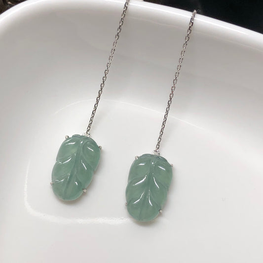 SALE: Grade A  Icy Sky Blue Jadeite Jade Dangle Leaf string earrings set on 18K white Gold