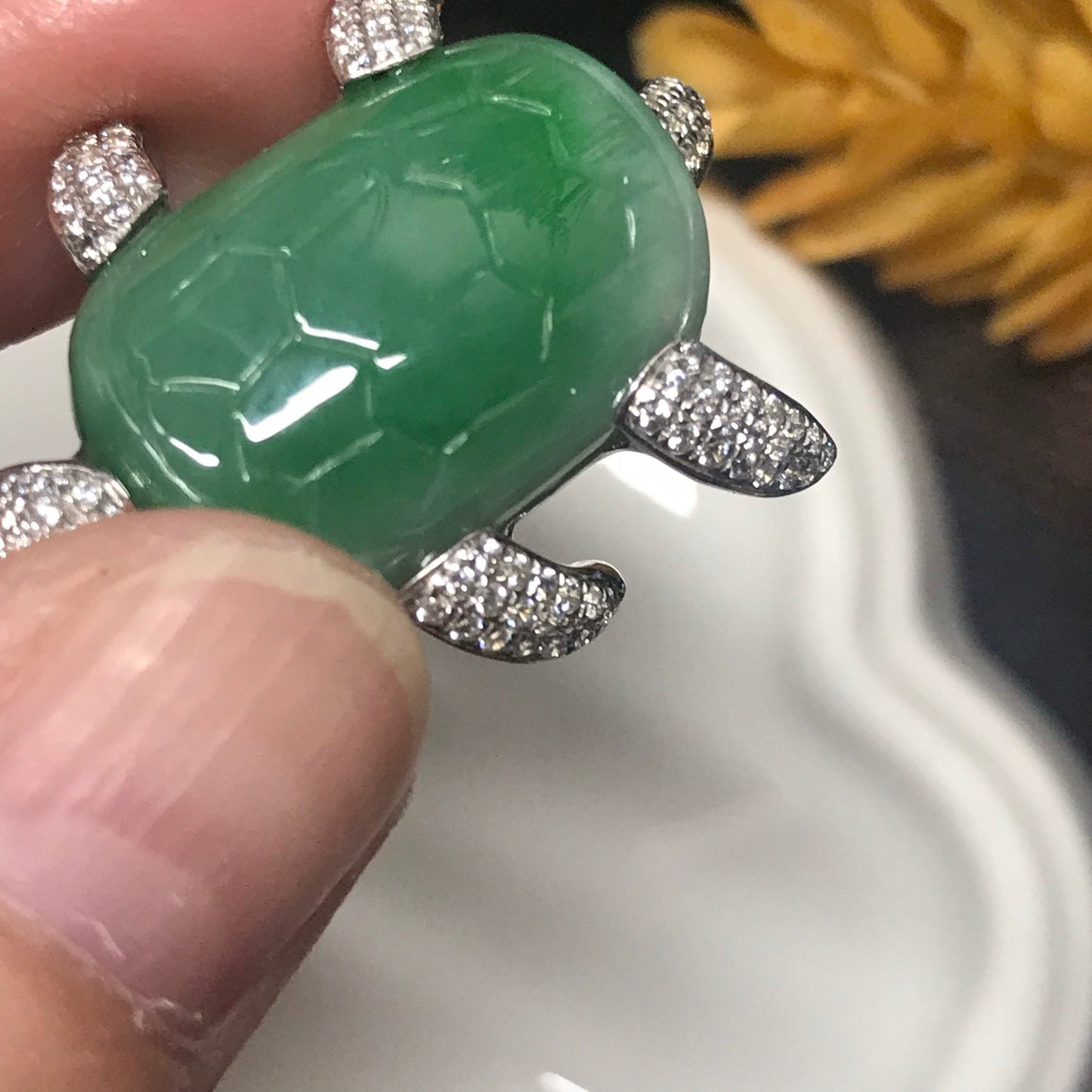 SALE: Grade A Green Jadeite Jade Unique Turtle Pendant 925 Silver