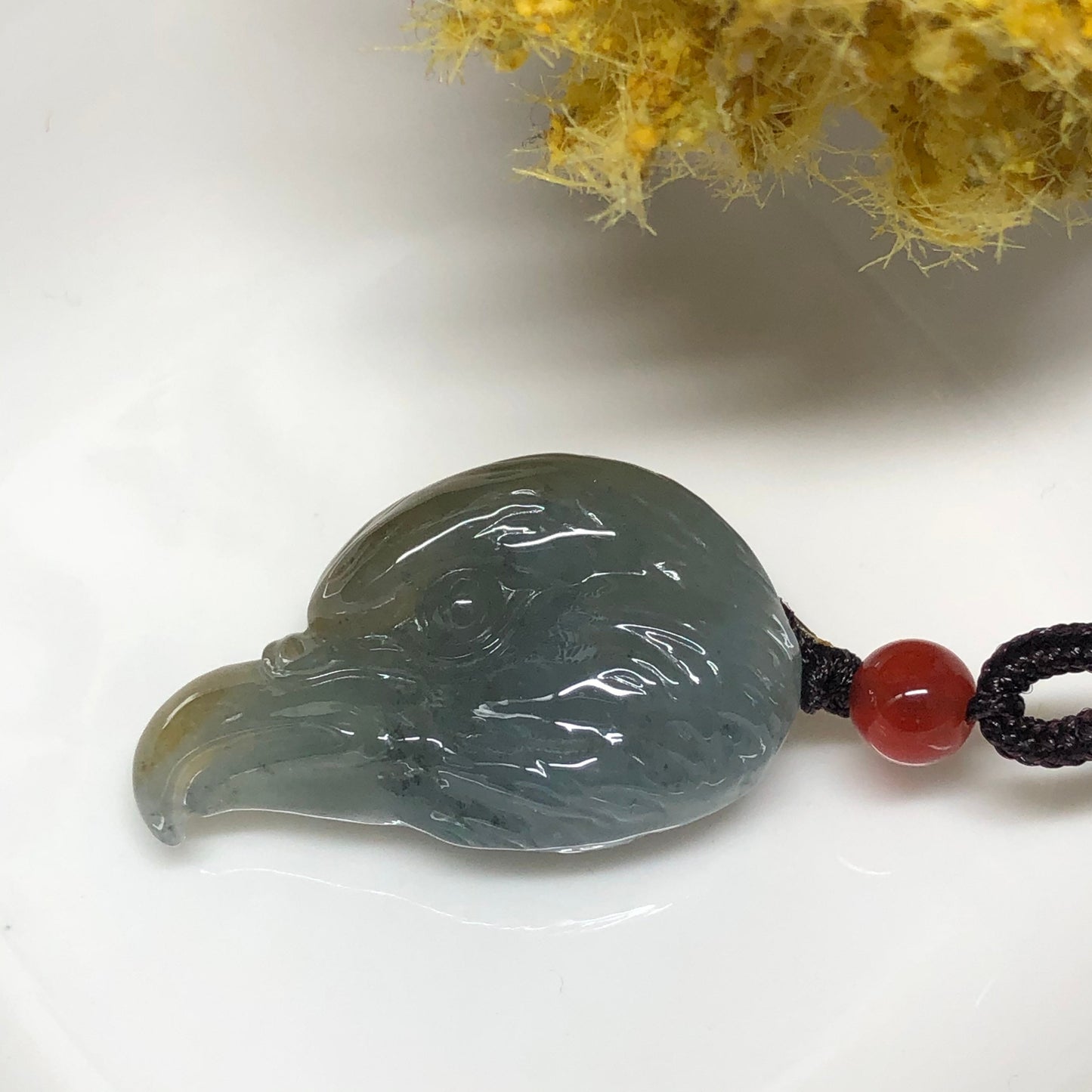 Grade A Myanmar Translucent Carved Eagle Head Jadeite Jade Pendant with Tie Rope Skeleton