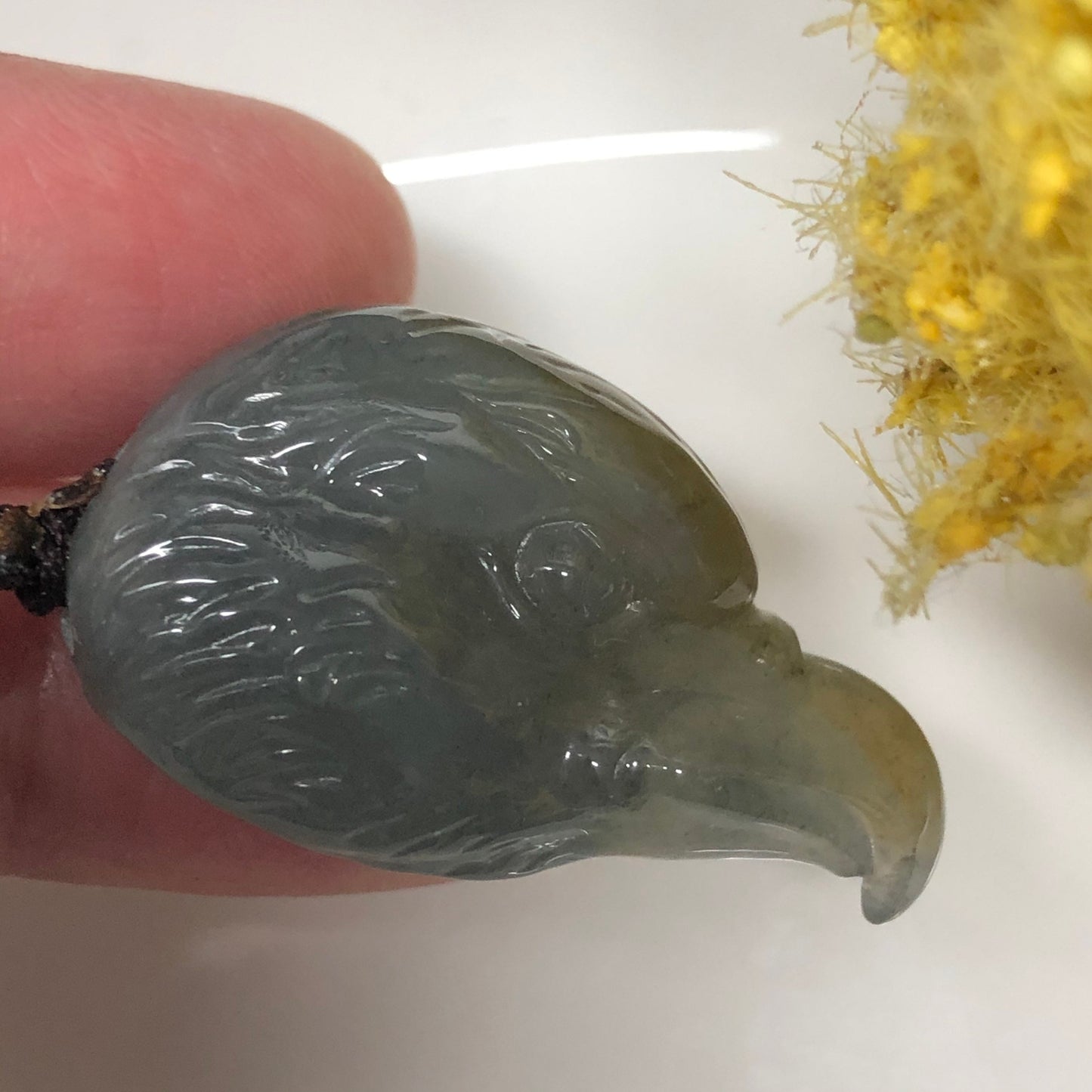 Grade A Myanmar Translucent Carved Eagle Head Jadeite Jade Pendant with Tie Rope Skeleton