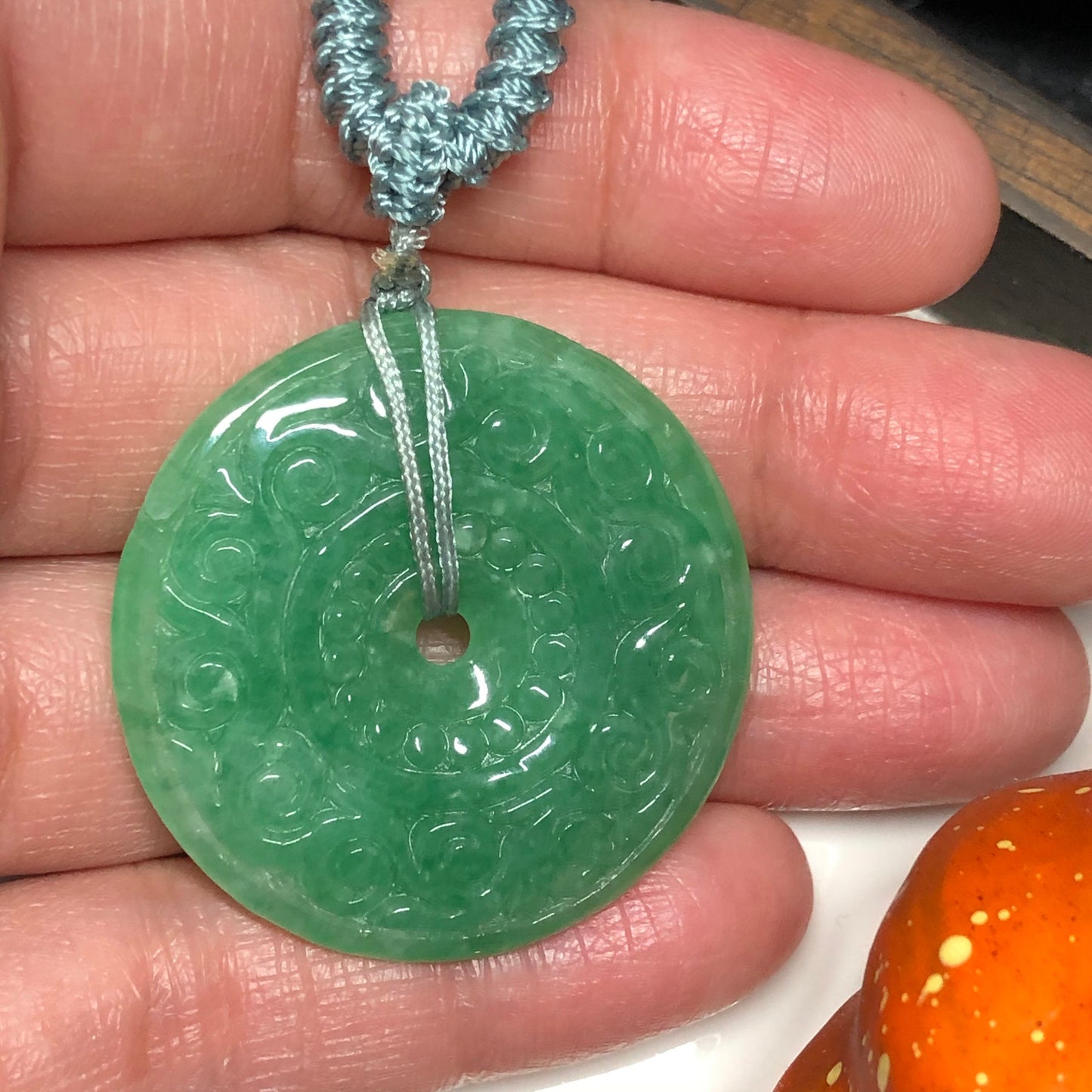 34.6mm Grade A Green Carved peace donut Jadeite Jade Pendant RARE