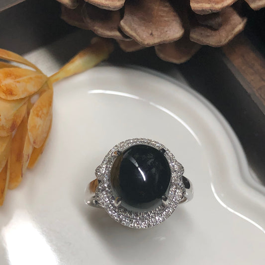 Grade A Black Omphacite Jade Icy Black Green Cabochon Ring 18K white gold