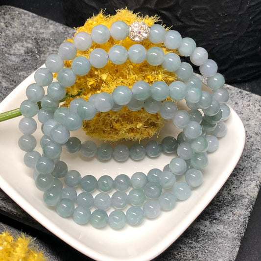 6.6mm Grade A Sky Blue Float Green Flowers Jadeite Jade Bead Bracelet Necklace 6.6mm x 108 beads