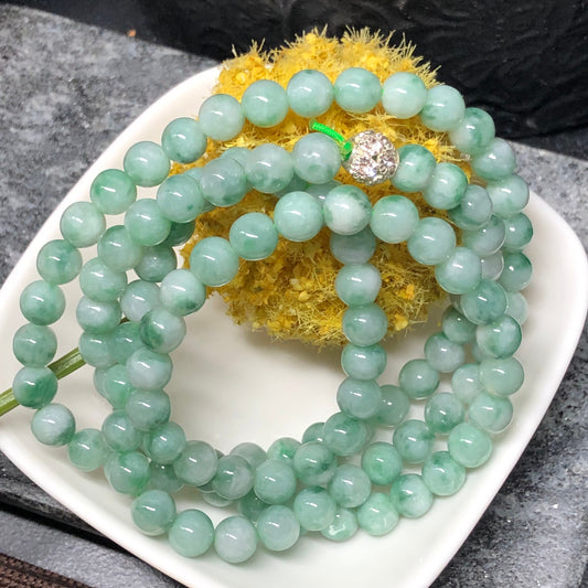 6.6mm Grade A Apple Green Float Green Flowers Jadeite Jade Bead Bracelet Necklace 6.6mm x 108 beads