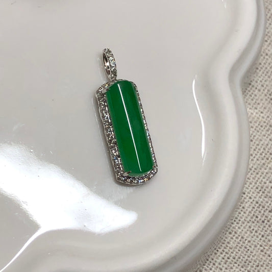 SALE! Grade A  Icy Yang Green Jadeite Jade Horse Eye Pendant with 18K white gold and Diamond setting
