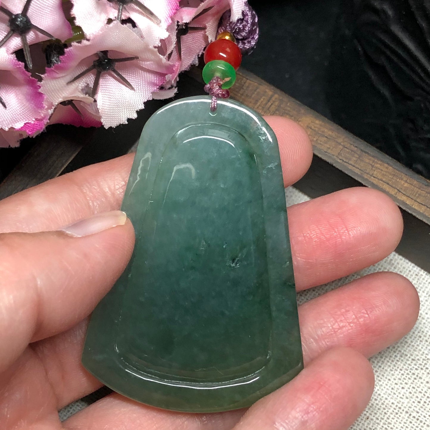 Grade A  Carved Yellow Green Jadeite Jade Mountain Landscape Scenery Pendant with Neck Rope Tie