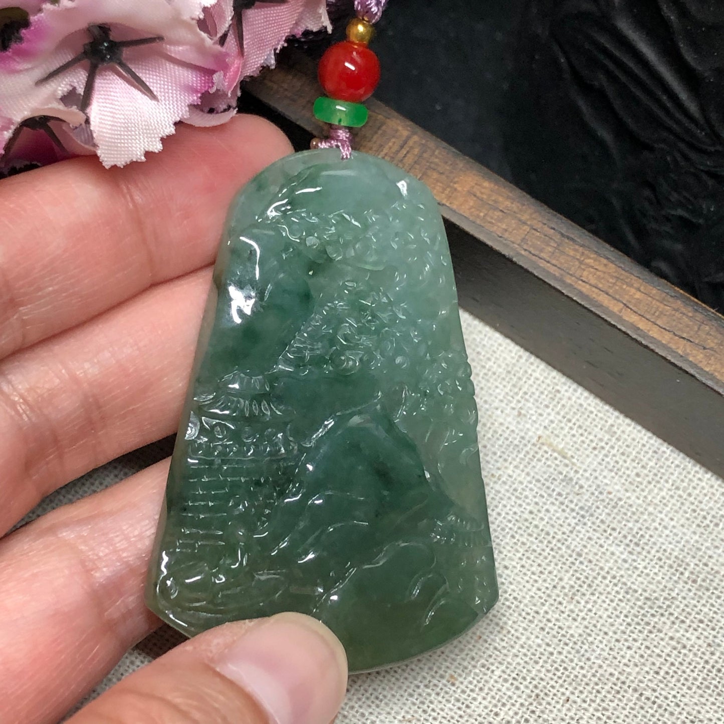Grade A  Carved Yellow Green Jadeite Jade Mountain Landscape Scenery Pendant with Neck Rope Tie