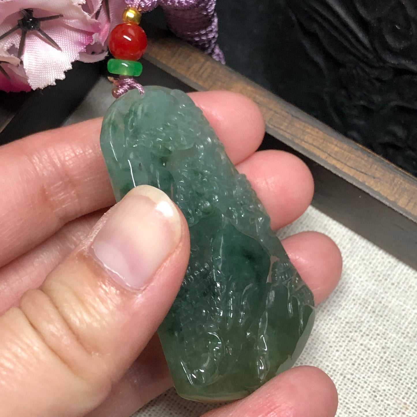 Grade A  Carved Yellow Green Jadeite Jade Mountain Landscape Scenery Pendant with Neck Rope Tie