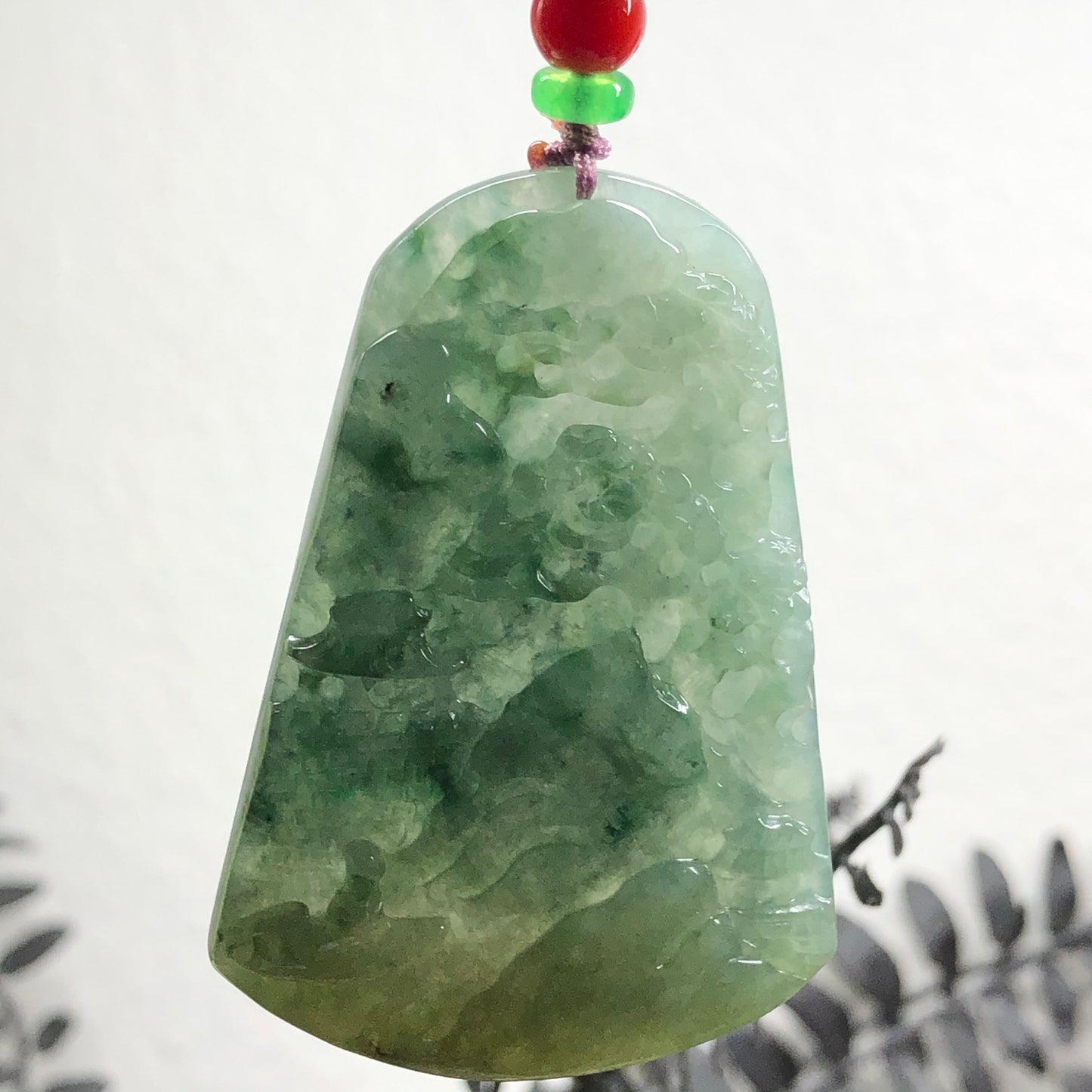 Grade A  Carved Yellow Green Jadeite Jade Mountain Landscape Scenery Pendant with Neck Rope Tie