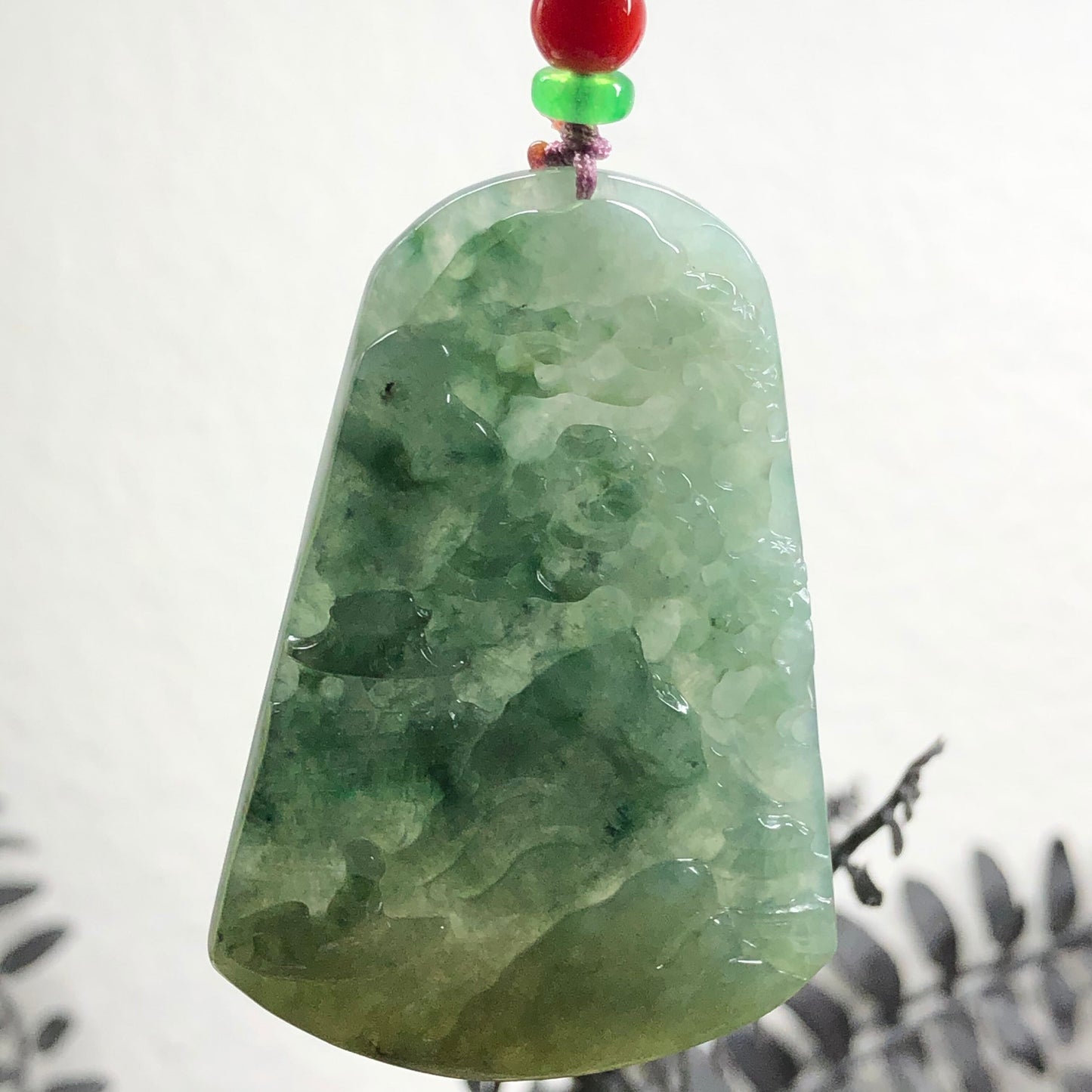 Grade A  Carved Yellow Green Jadeite Jade Mountain Landscape Scenery Pendant with Neck Rope Tie